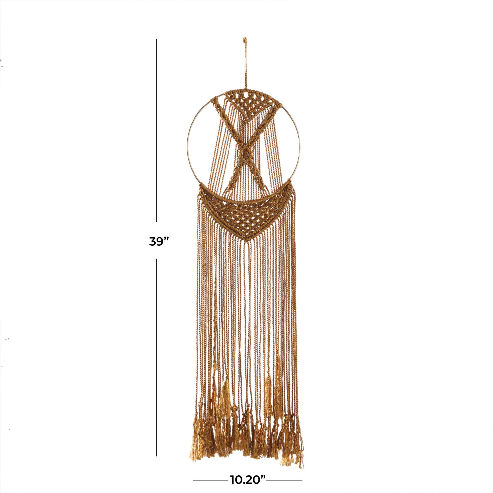 Brown Fabric Handmade Intricately Weaved Macrame Wall Decor with Beaded Fringe Tassels 10" x 0" x 39"